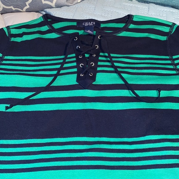 Chaps 100% Cotton long sleeve Henley top lace up green black stripe Small - Picture 3 of 9